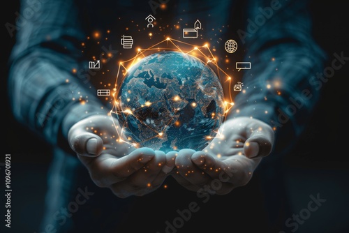 Wallpaper Mural Businessman Holds Glowing Earth with Digital Icons of Online Education and Virtual Classroom on Dark Background Torontodigital.ca