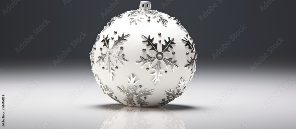 Elegant white Christmas ball ornament with intricate snowflake design and reflective surface on a soft gray background Elegant white Christmas ball ornament with intricate snowflake design and reflective surface on a soft gray background