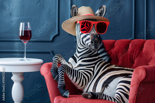 Stylish zebra lounging in a red chair with hat and sunglasses. AI Generated