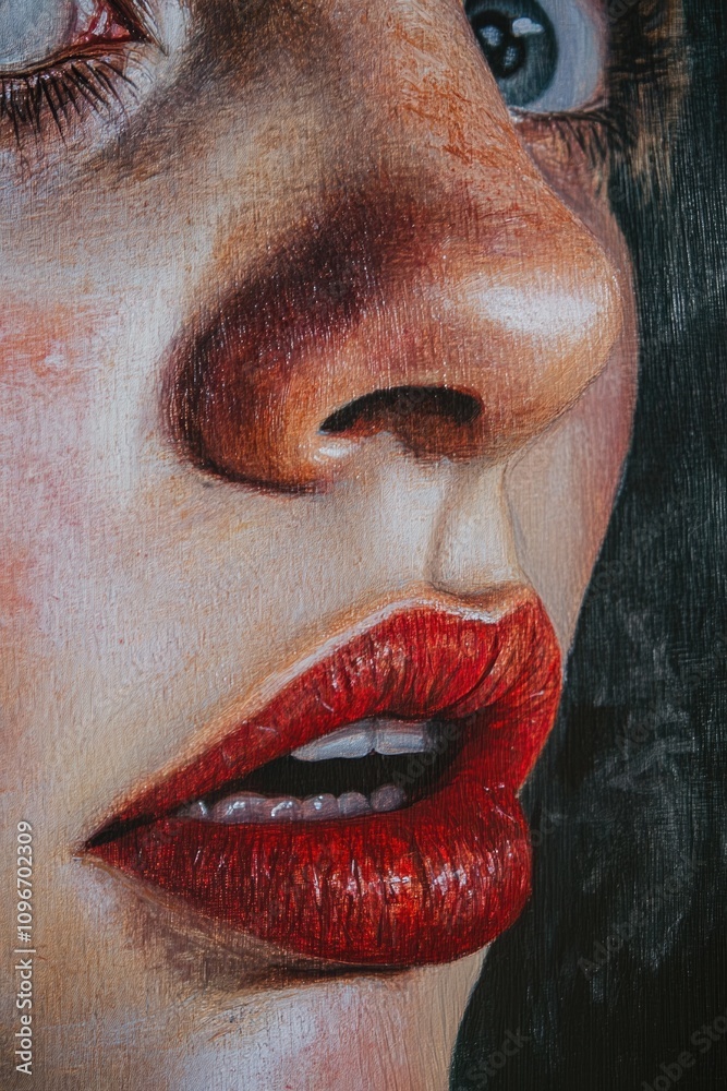 Fototapeta premium A close-up view of a woman's face in a painting, suitable for use in art-related contexts