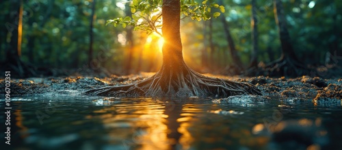 Mangrove tree roots at sunset reflecting in water, showcasing biodiversity and ecosystem vitality in a lush forest environment. photo