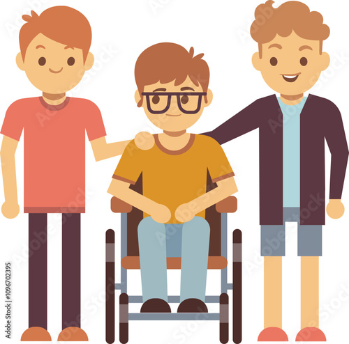 Disabled boy in wheelchair with friends. Happy diverse people