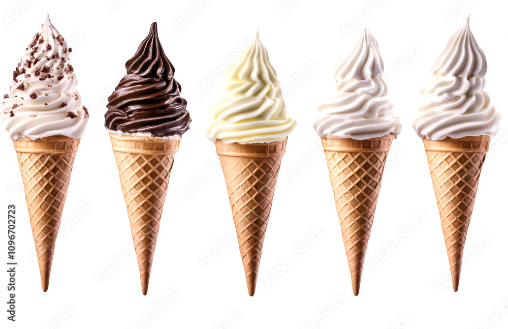 Delicious varieties of soft serve ice cream cones isolate on transparent background, cutout, png Delicious varieties of soft serve ice cream cones isolate on transparent background, cutout, png