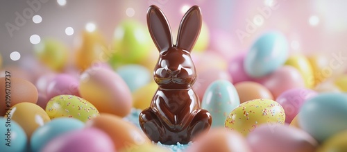 Chocolate bunny centerpiece among colorful Easter eggs on a festive bright backdrop celebrating spring and holiday traditions photo