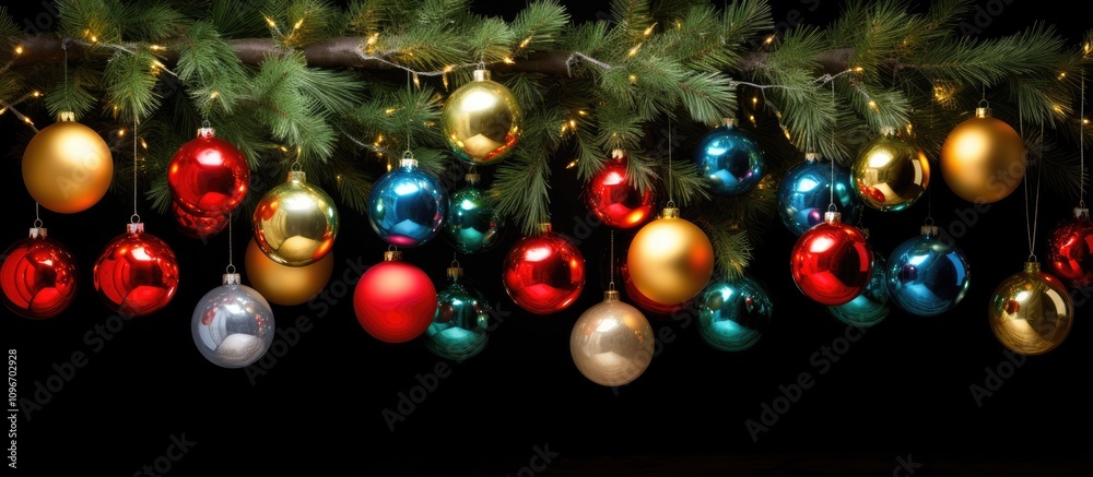 Colorful Christmas baubles hanging on a pine branch ready for decorating the festive tree with sparkling lights and holiday cheer. Colorful Christmas baubles hanging on a pine branch ready for decorating the festive tree with sparkling lights and holiday cheer.