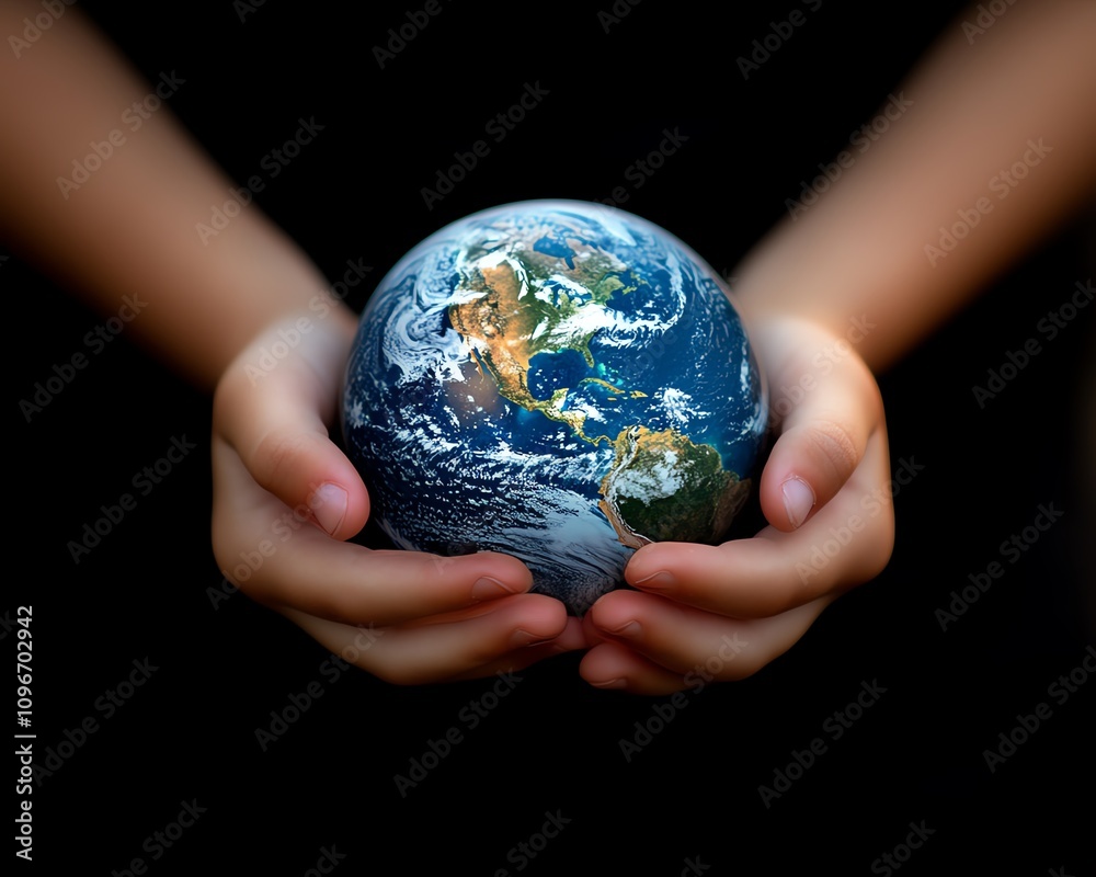 Little hands, big heart Earth Day concept showing a child s hands gently cradling the planet, with a focus on environmental care and protection Little hands, big heart Earth Day concept showing a child s hands gently cradling the planet, with a focus on environmental care and protection