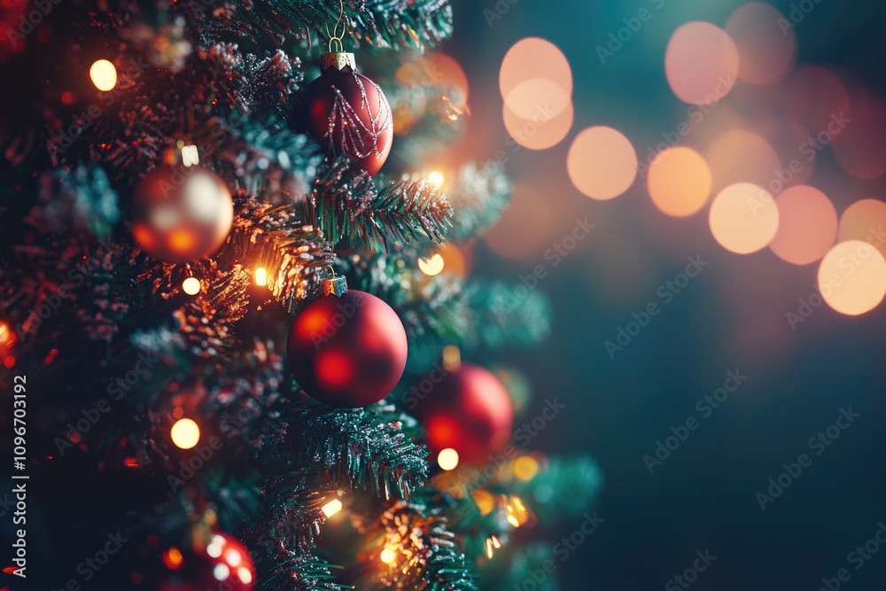 Close-up view of a decorated Christmas tree with twinkling lights Close-up view of a decorated Christmas tree with twinkling lights