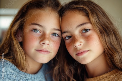 Two young girls smiling and posing for the camera