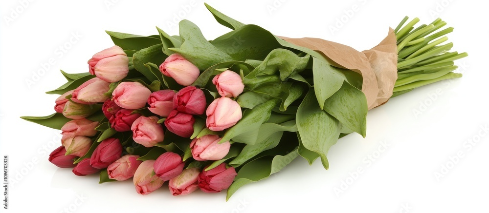 Bouquet of vibrant pink and red tulips elegantly wrapped in paper against a clean white background showcasing floral beauty. Bouquet of vibrant pink and red tulips elegantly wrapped in paper against a clean white background showcasing floral beauty.