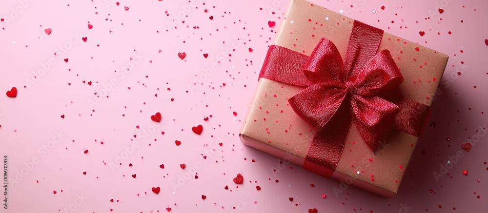 Red gift box with bow and hearts on pastel pink background for Valentine's Day or special occasion celebrations. Red gift box with bow and hearts on pastel pink background for Valentine's Day or special occasion celebrations.
