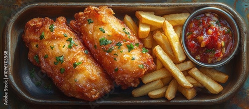 Crispy Fish and Chips Served with Tangy Salsa and French Fries on a Rustic Platter photo