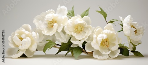 Fototapeta Naklejka Na Ścianę i Meble -  Elegant arrangement of white peonies with lush green leaves on a soft white background showcasing timeless beauty and simplicity.