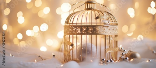 Golden decorative cage with fairy lights on white fur background for festive Christmas calendar concept vertical image space for text photo