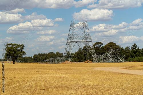 Brookong, New South Wales, Australia, Nov 22nd 2024. The construction of pylons to carry high-tension power lines	

