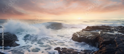 Dramatic dawn waves crashing on rugged rocks with colorful sky reflecting calm ocean surface