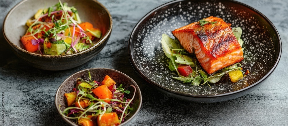 Grilled salmon steak served with fresh vegetable salad and seasonal greens on a stylish plate for a gourmet dining experience Grilled salmon steak served with fresh vegetable salad and seasonal greens on a stylish plate for a gourmet dining experience
