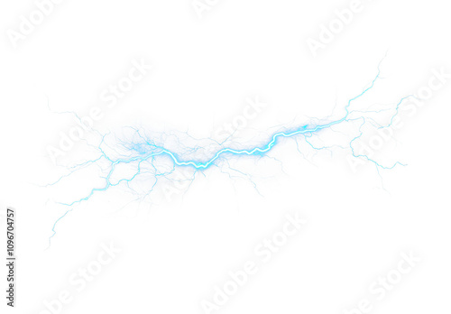 Electric blue lightning bolt illuminating isolate on transparent background, cutout, png