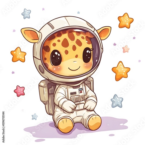 Adorable giraffe astronaut, ready for space adventure!  Surrounded by twinkling stars, this cute creature is undeniably charming.   photo