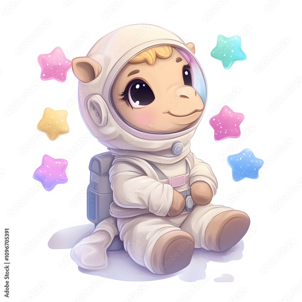 Fototapeta premium Adorable camel in astronaut suit gazing at stars; a whimsical space adventure!