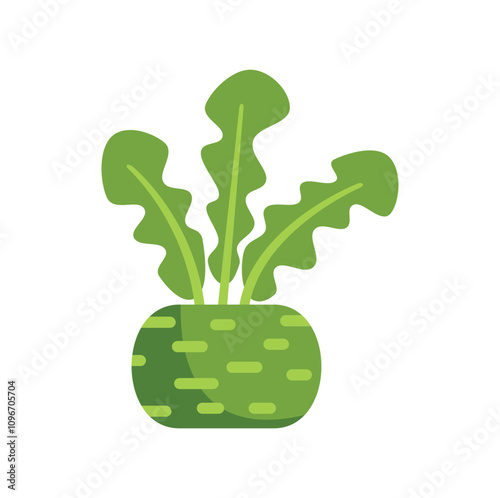 This cartoon illustration features a kohlrabi, ready to be picked and enjoyed