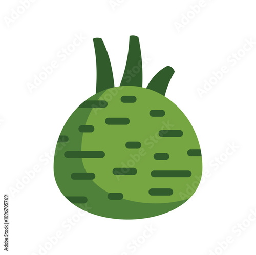 This illustration features a green kohlrabi root vegetable growing, with lush green leaves sprouting from the top