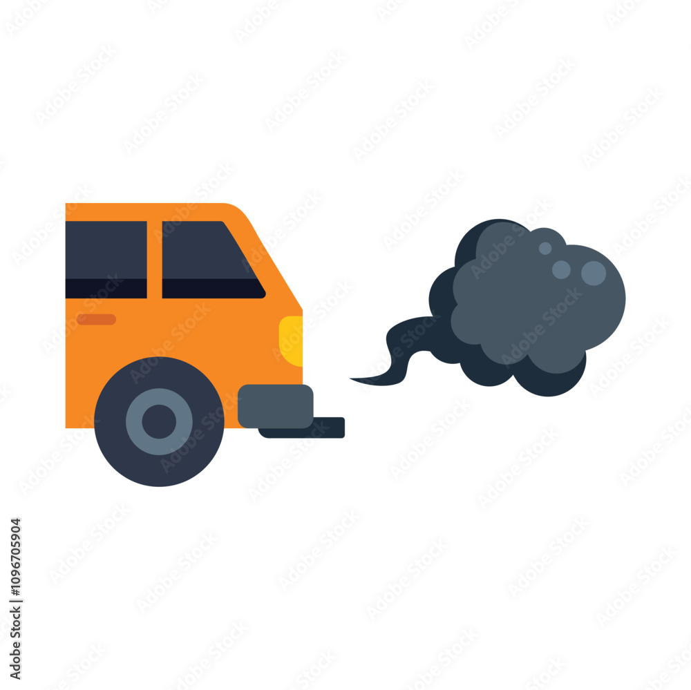 Fototapeta premium Simple flat vector illustration of an orange car emitting black smoke pollution from its exhaust pipe