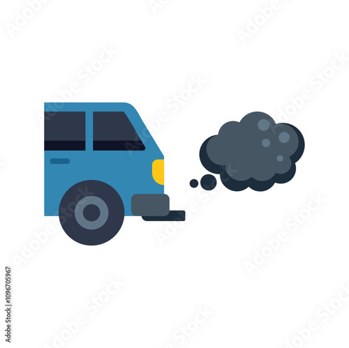 Simple flat illustration of a blue car polluting the air by emitting black smoke from its exhaust pipe
