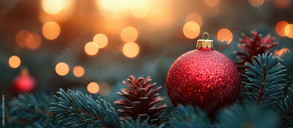 Festive red ornaments on a pine tree with blurred golden lights creating a joyful holiday atmosphere Festive red ornaments on a pine tree with blurred golden lights creating a joyful holiday atmosphere