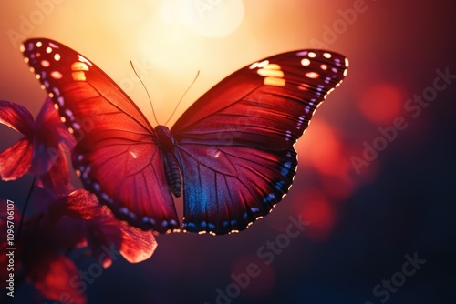 A red butterfly perches on the petals of a colorful flower