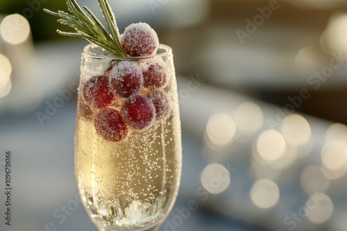 Cranberry-enhanced prosecco spritzer adorned with glazed cranberries and a sprig of fresh rosemary