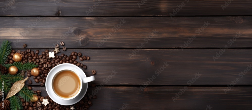Warm cup of coffee surrounded by coffee beans and festive decor on a wooden table with space for text and holiday themes Warm cup of coffee surrounded by coffee beans and festive decor on a wooden table with space for text and holiday themes