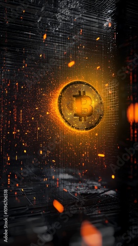 Bitcoin Crypto Coin Surrounded by Encrypted Code in Secure BTC Digital Vault