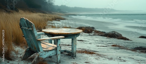Rustic wooden table and beach chair overlooking a serene coastal landscape with misty shore and gentle waves in the background