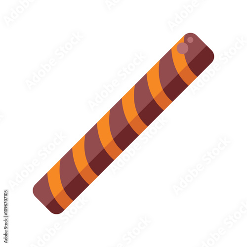 Chocolate wafer roll with orange filling laying diagonally on white background