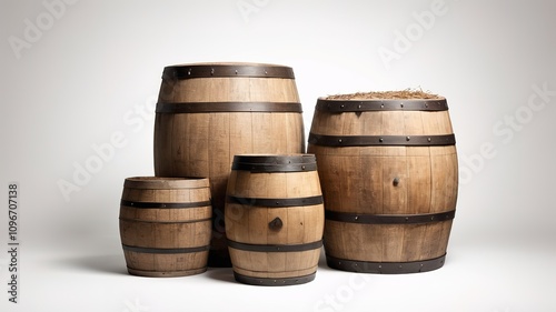 Rustic old wooden oak barrels with a vintage charm, perfect for classic décor or storage themes. isolated on white background
