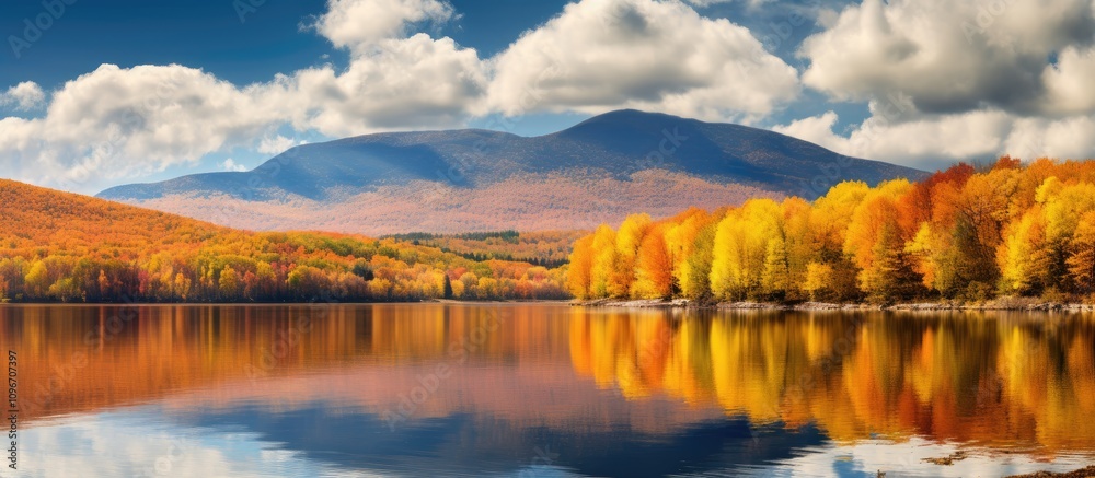 Obraz premium Vermont lake surrounded by vibrant fall foliage and golden mountains reflecting in calm waters under a blue sky with clouds