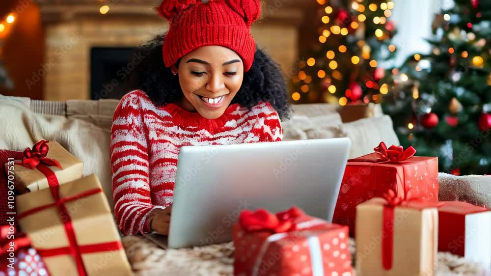 Happy woman in festive sweater enjoys online shopping surrounded by holiday gifts in cozy living room Happy woman in festive sweater enjoys online shopping surrounded by holiday gifts in cozy living room