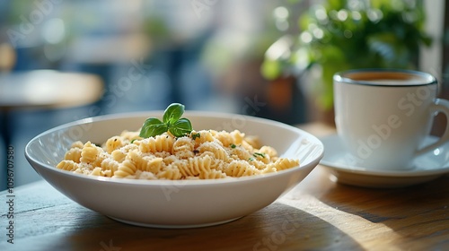 Creamy pasta dish with basil in a bowl, alongside a cup of coffee on a wooden table.