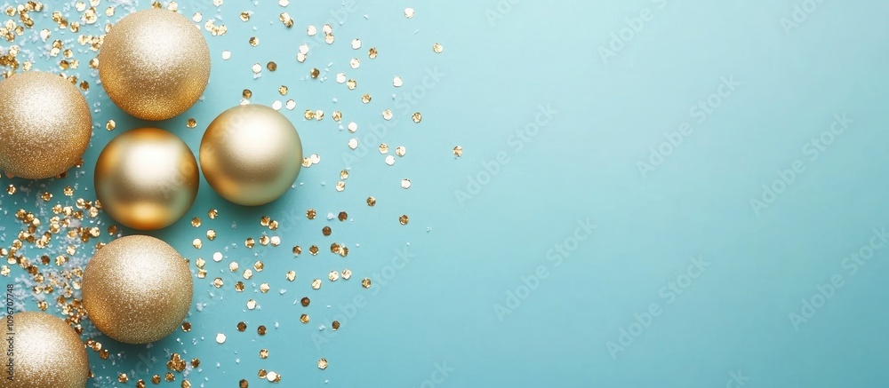 Golden Christmas balls on a teal background with sparkling glitter and snow elements perfect for holiday themed designs and decorations Golden Christmas balls on a teal background with sparkling glitter and snow elements perfect for holiday themed designs and decorations