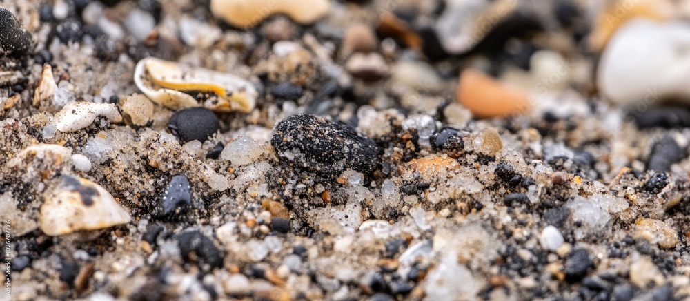 Macro shot of beach ground with sand and seashells highlighting textures and colors of coastal life for seasonal themes Macro shot of beach ground with sand and seashells highlighting textures and colors of coastal life for seasonal themes