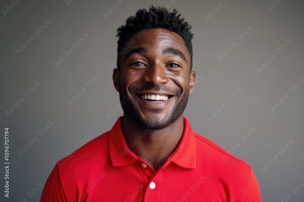 A person wearing a bright red shirt smiling directly at the camera A person wearing a bright red shirt smiling directly at the camera