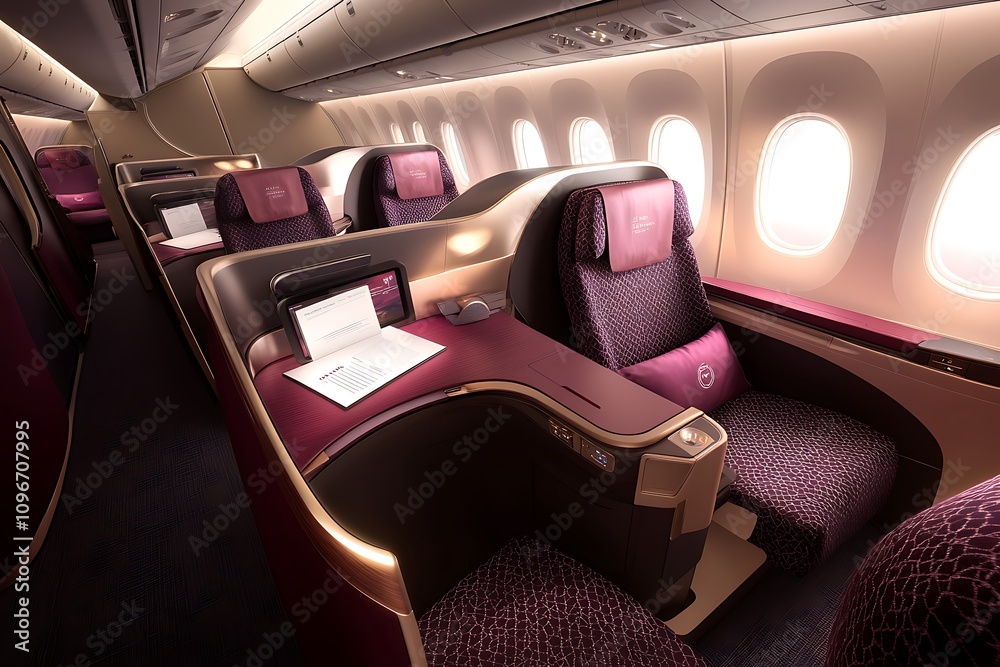 Luxurious airplane cabin with spacious seating and modern amenities for travelers. Luxurious airplane cabin with spacious seating and modern amenities for travelers.