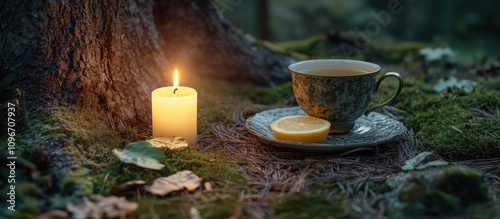 Tranquil forest setting featuring a candle and tea cup with lemon on a mossy floor creating a serene ambiance in nature. photo