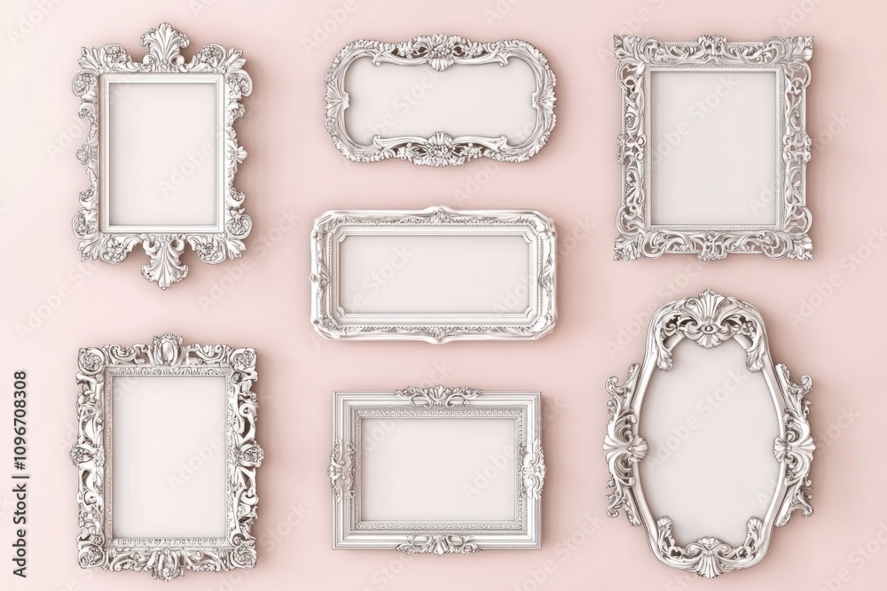 Ornate silver frames on a bright pink background, ideal for design and decoration Ornate silver frames on a bright pink background, ideal for design and decoration