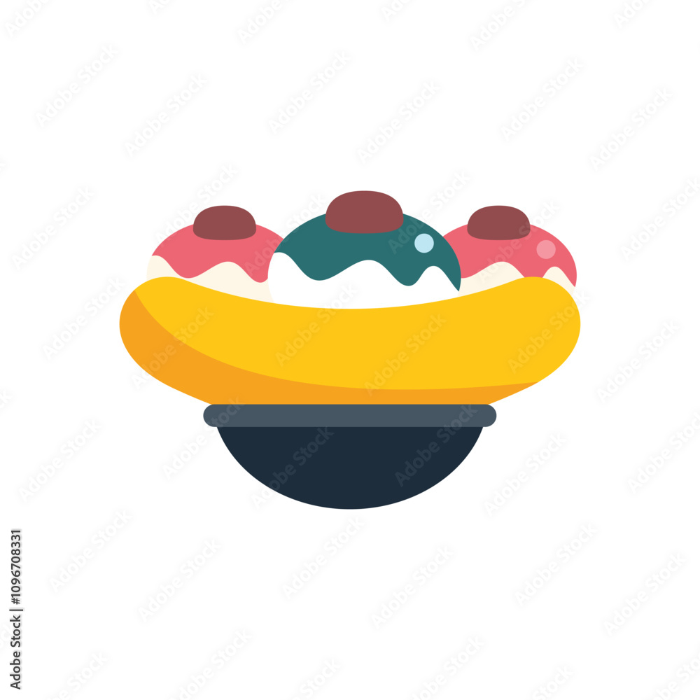 Delicious banana split sundae with three scoops of ice cream topped with chocolate sauce, resting on a plate Delicious banana split sundae with three scoops of ice cream topped with chocolate sauce, resting on a plate
