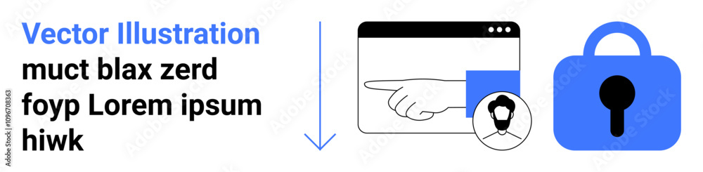 Hand pointing at browser window, human identification icon, downward arrow, and blue padlock. Ideal for cybersecurity, data protection, online privacy, access control, user identification, digital Hand pointing at browser window, human identification icon, downward arrow, and blue padlock. Ideal for cybersecurity, data protection, online privacy, access control, user identification, digital