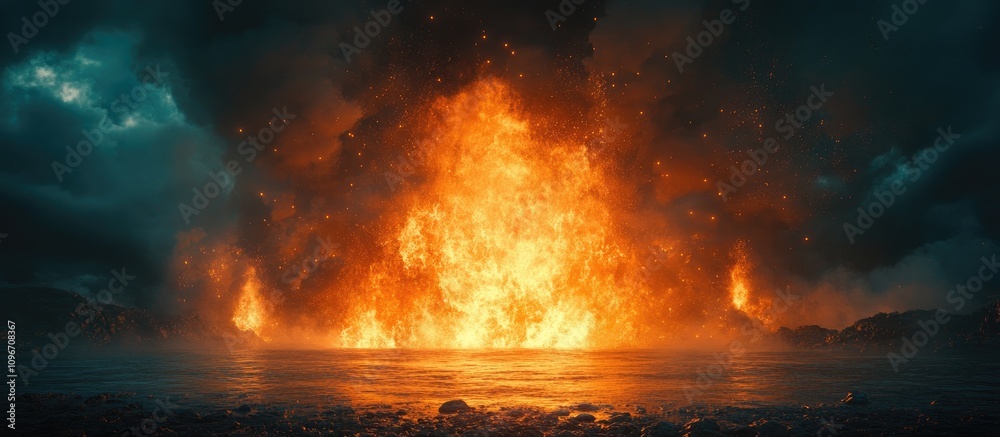Explosive volcanic eruption illuminating the landscape with dramatic orange and red flames against a dark sky and calm water surface Explosive volcanic eruption illuminating the landscape with dramatic orange and red flames against a dark sky and calm water surface