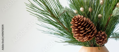 Elegant New Year decor with pine needles pine cones and ornamental accents in a natural wooden vase on a light background photo