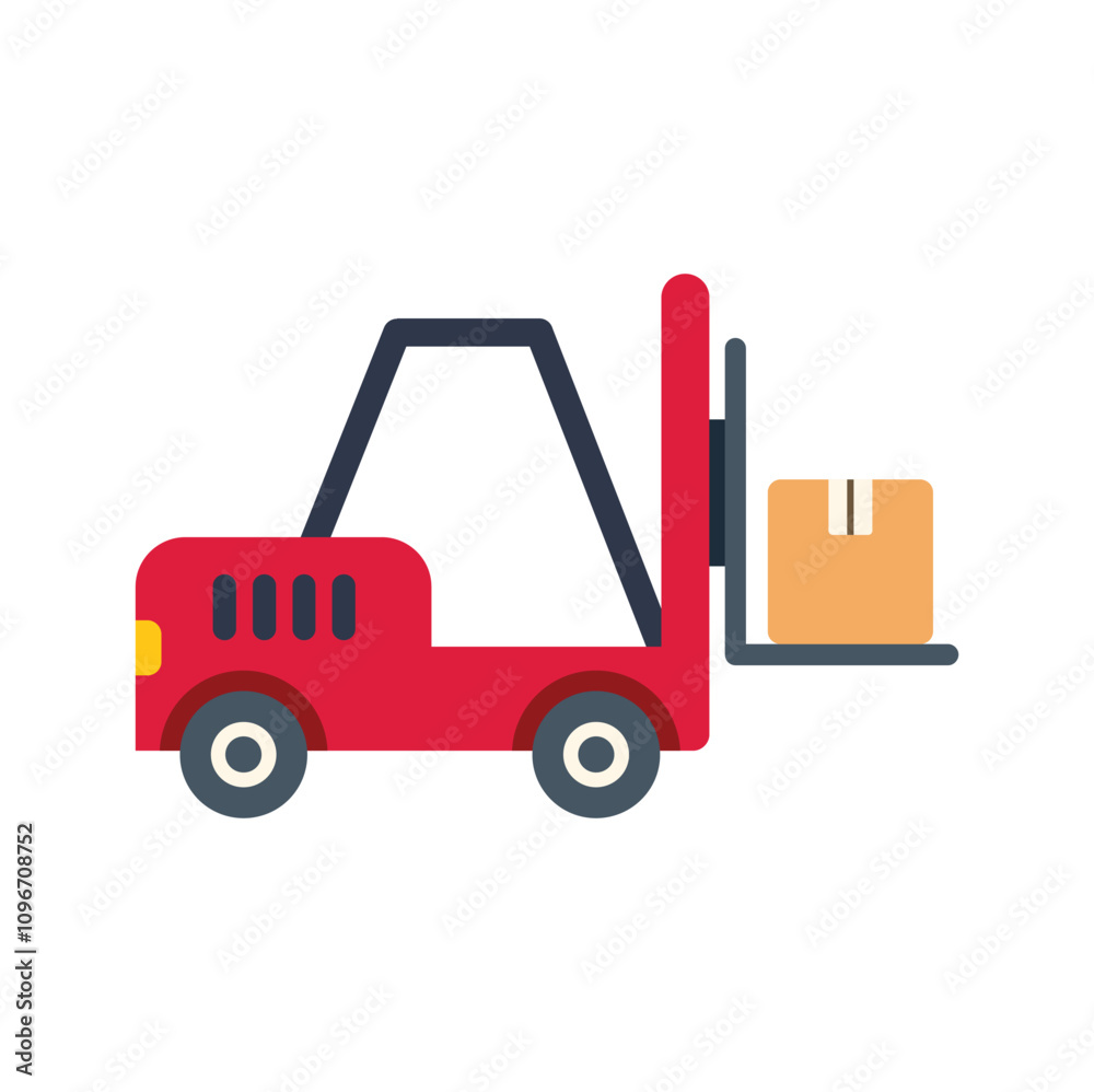 Naklejka premium Red forklift carrying cardboard box, working in warehouse or storage