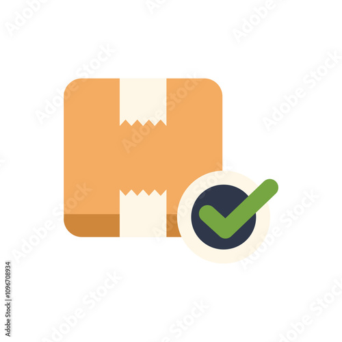 Cardboard box carefully packaged with tape, showing a check mark icon, indicating successful delivery or completion